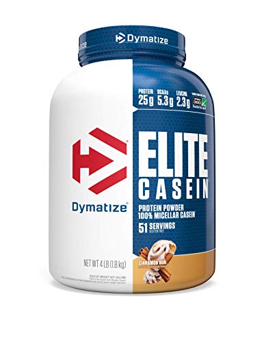Dymatize Elite Protein Powder, Slow Absorbing with Muscle Building Amino Acids, 100% Micellar Casein, 25 g Protein, 5.4 g BCAAs & 2.3 g Leucine, Helps Overnight Recovery, Cinnamon Bun, 64 Oz