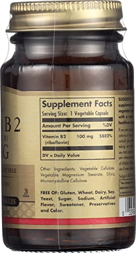 Solgar Vitamin B2 (Riboflavin) 100mg, 100 Vegetable Capsules - Energy Metabolism, Healthy Nervous System - Non-GMO, Vegan, Gluten Free, Dairy Free, Kosher, Halal - 100 Servings