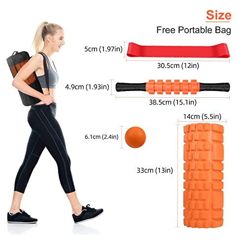 5 in1 Foam Roller Set, Trigger Point Foam Roller, Yoga Stick, Massage Ball, Fitness Stretching Strap, Carrying Bag, Towel, Massage Roller for Deep Muscle Massage Pilates Yoga, Orange