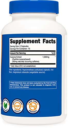 Nutricost Guarana 1000mg Serving, 150 Vegetarian Capsules - Natural Herbal Brazilian Caffeine Energizer Supplement