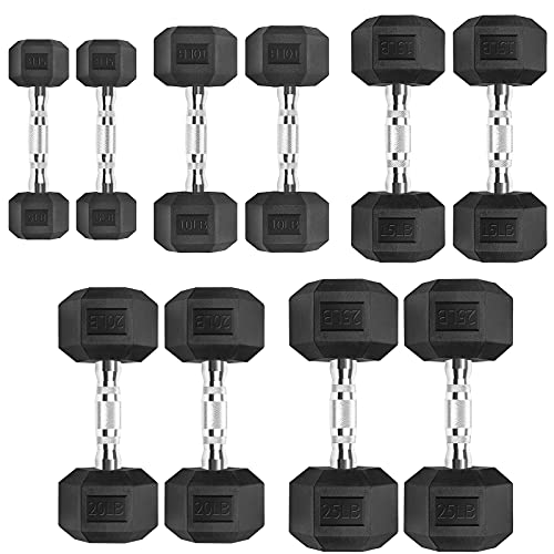 5-25LB Hex Dumbbell Set with Rack Rubber Coated Dumbbell Set with Rack 150 Pound Dumbbell Weight Set