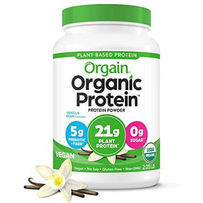 Orgain Organic Vegan Protein Powder, Vanilla Bean - 21g of Plant Based Protein, Low Net Carbs, Gluten Free, Lactose Free, No Sugar Added, Soy Free, Kosher, Non-GMO, 2.03 Lb