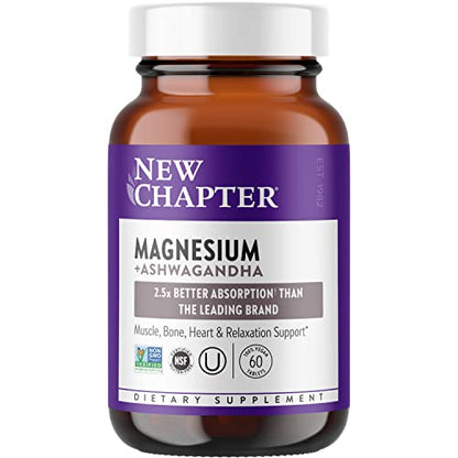 New Chapter Magnesium, Magnesium + Ashwagandha Supplement, 2.5X Absorption, Muscle Recovery, Heart & Bone Health, Calm & Relaxation, Gluten Free, Non-GMO - 60 ct