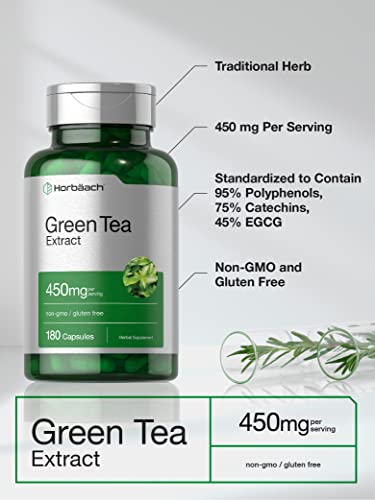 Green Tea Extract Capsules 450mg | 180 Count | Herbal Supplement | Non-GMO and Gluten Free | by Horbaach