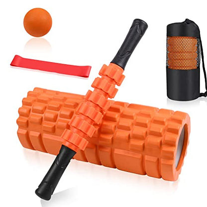 5 in1 Foam Roller Set, Trigger Point Foam Roller, Yoga Stick, Massage Ball, Fitness Stretching Strap, Carrying Bag, Towel, Massage Roller for Deep Muscle Massage Pilates Yoga, Orange