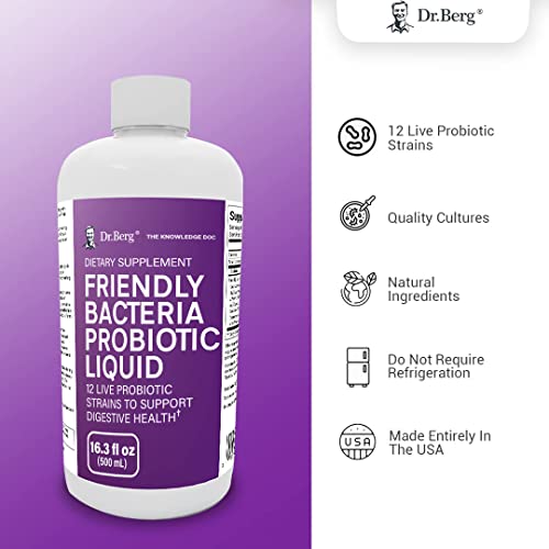 Dr. Berg's Friendly Probiotic Liquid Supplement Drink Mix w/ 12 Live Probiotics Strains & Lactobacillus Acidophilus - Digestive Health, Immune System & Gut Support for Men Women & Kids -1 Month Supply