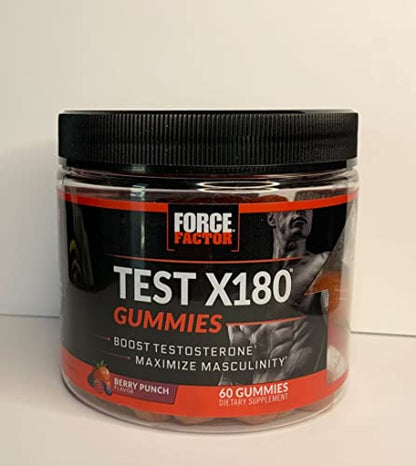 Force Factor Test X180 Gummies Testosterone Booster for Men with Tongkat Ali, Horny Goat Weed, Tribulus Terrestris, Fenugreek, & Black Maca, Supplement Men, Berry Punch, 60 Gummies, 1-Pack