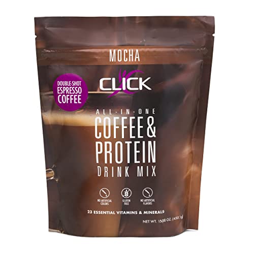 CLICK Coffee Protein Powder, Premium Protein & Double Shot Espresso Coffee, All-In-One, Meal Replacement Energy Drink, 23 Essential Vitamins, 150mg of Caffeine, Hot or Cold, Mocha Flavor, 15.8-Ounce