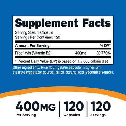 Nutricost Vitamin B2 (Riboflavin) 400mg, 120 Capsules - Gluten Free, Non-GMO