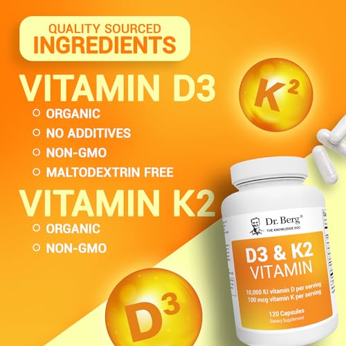 Dr. Berg's Vitamin D3 K2 Supplement w/MCT Oil - Includes 10,000 IU of Vitamin D3, 100 mcg MK7 Vitamin K2, Purified Bile Salts, Zinc & Magnesium for Ultimate Absorption - 120 Capsule