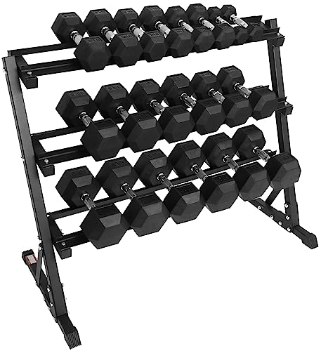 Signature Fitness 550LB Rubber Coated Hex Dumbbell Weight Set with 3-Tier Storage Rack, 5-50 lbs Pairs, One Package