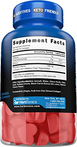 Herbtonics Keto Gummies with MCT + Collagen | Sugar Free | Anti Aging, Hair Growth, Skin Care & Strong Nails Protein Collagen | On-The-Go Keto Gummy