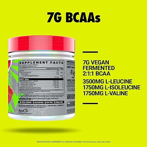 GHOST BCAA Amino Acids, Sour Patch Kids Redberry - 30 Servings - Sugar-Free Intra and Post Workout Powder & Recovery Drink, 7g BCAA Supports Muscle Growth & Endurance- Soy & Gluten-Free, Vegan