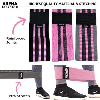 Arena Strength Fabric Booty Bands - Fabric Exercise Bands for Legs and Butt | Fabric Resistance Bands | Hip Resistance Bands Set of 3 with Workout Guide and Carry Case