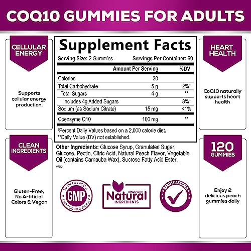 CoQ10 Gummies, CoQ10 100 mg Supplement for Heart Health Support & Cellular Energy Production - Gluten Free Vegan & Non-GMO Antioxidant with Max Absorption Coenzyme Q10 Gummy Supplements - 120 Gummies