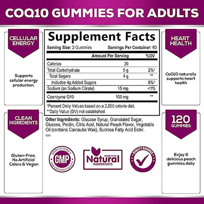 CoQ10 Gummies, CoQ10 100 mg Supplement for Heart Health Support & Cellular Energy Production - Gluten Free Vegan & Non-GMO Antioxidant with Max Absorption Coenzyme Q10 Gummy Supplements - 120 Gummies