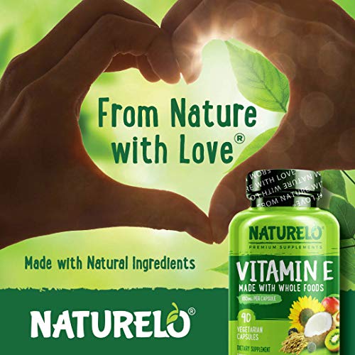 NATURELO Vitamin E - 180 mg (300 IU) of Natural Mixed Tocopherols from Organic Whole Foods - Supplement for Healthy Skin, Hair, Nails, Immune & Eye Health - Non-GMO, Soy Free - 90 Vegan Capsules