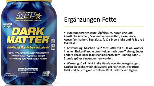 MHP Dark Matter Post Workout, Recovery Accelerator, w/Multi Phase Creatine, Waxy Maize Carbohydrate, 6g EAAs, Blue Raspberry, 20 Servings, 55.04 oz