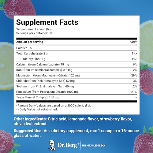 Dr. Berg Hydration Keto Electrolyte Powder - Enhanced w/ 1,000mg of Potassium & Real Pink Himalayan Salt (NOT Table Salt) - Strawberry & Lemonade Flavor Hydration Drink Mix Supplement - 50 Servings