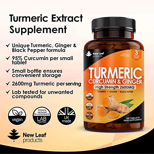 Turmeric Tablets 2600mg with Black Pepper & Ginger - 95% Curcumin Extract - 180 Turmeric and Black Pepper Tablets (3 Month) High Strength Active Turmeric Supplements Not Turmeric Capsules,by New Leaf