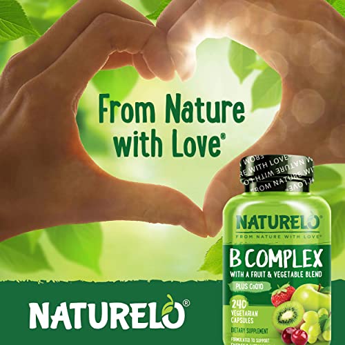 NATURELO B Complex - Whole Food Complex with Vitamin B6, Folate, B12, Biotin - Supplement for Energy and Stress - High Potency - Vegan - Vegetarian - Non GMO - Gluten Free - 240 Capsules