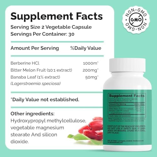 Berberine Supplement 1000mg Potent Botanical Capsules for Weight Management Support with Bitter Melon Fruit and Banaba Leaf Extract - Berberine HCl from Indian Barberry Extract - 30 Servings -Thinbi