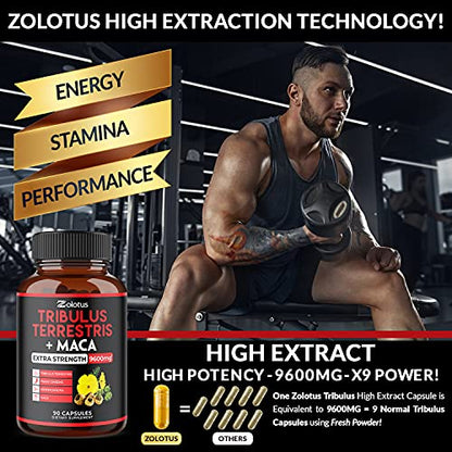 Zolotus Premium Tribulus Terrestris Maca, 9600mg Per Capsule, Highest Potency with Ashwagndha, Panax Ginseng, Boost Energy, Mood, Stamina & Performance, for Men & Women 90 Count (Pack of 1)