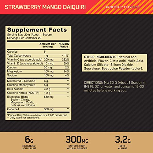 Optimum Nutrition Gold Standard Pre Workout Advanced, with Creatine, Beta-Alanine, Micronized L-Citrulline and Caffeine for Energy, Keto Friendly, Strawberry Mango Daiquiri, 20 Servings