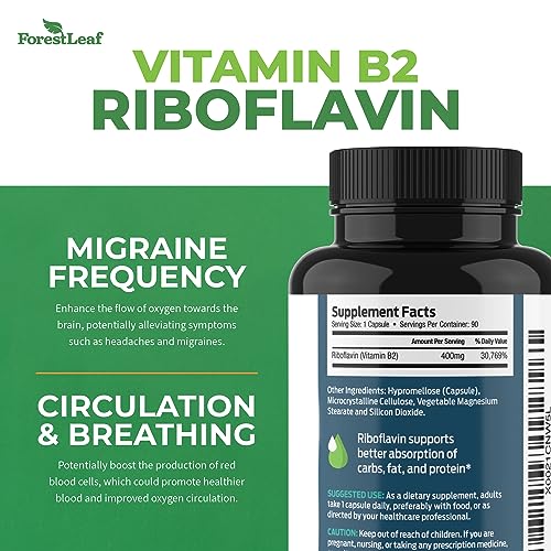 ForestLeaf Vitamin B2 Riboflavin, 400mg – Non-GMO, Gluten Free Daily Dietary Supplement Unflavored,Capsule, 90 Count (Pack of 1)