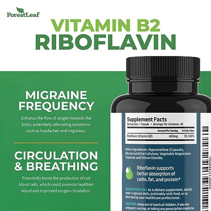 ForestLeaf Vitamin B2 Riboflavin, 400mg – Non-GMO, Gluten Free Daily Dietary Supplement Unflavored,Capsule, 90 Count (Pack of 1)