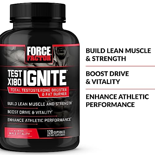 Force Factor Test X180 Ignite Total Testosterone Booster for Men with Fenugreek Seed and Green Tea Extract to Build Lean Muscle, Boost Energy, and Improve Performance, 120 Count