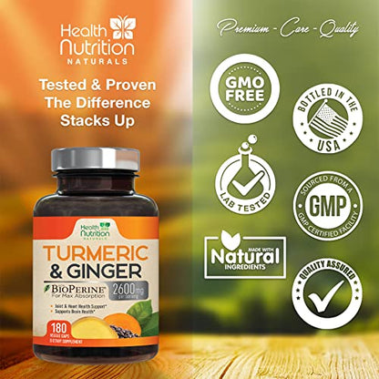 Turmeric Curcumin with BioPerine 95% Standardized Curcuminoids 2600mg - Black Pepper for Max Absorption, Natural Joint Support, Nature's Tumeric Extract, Herbal Supplement, Non-GMO - 180 Capsules