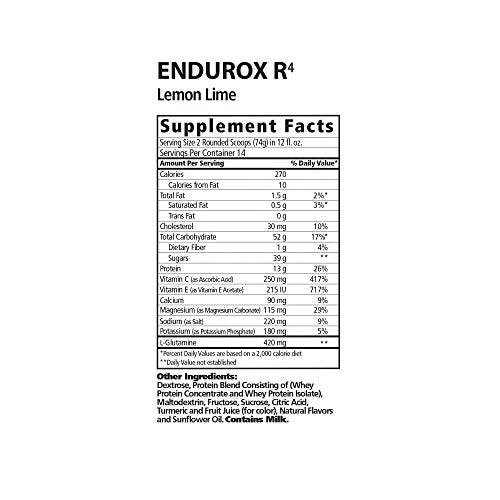 PacificHealth Endurox R4, Post Workout Recovery Drink Mix with Protein, Carbs, Electrolytes and Antioxidants for Superior Muscle Recovery, Net Wt. 2.29 lb, 14 Serving (Lemon Lime)