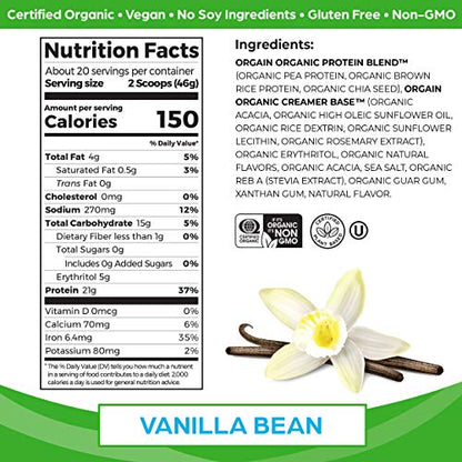 Orgain Organic Vegan Protein Powder, Vanilla Bean - 21g of Plant Based Protein, Low Net Carbs, Gluten Free, Lactose Free, No Sugar Added, Soy Free, Kosher, Non-GMO, 2.03 Lb