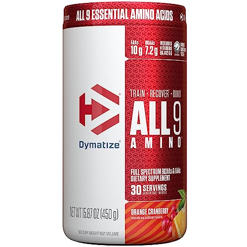 Dymatize All9 Amino, 7.2g of BCAAs, 10g of Full Spectrum Essential Amino Acids Per Serving for Recovery and Optimal Muscle Protein Synthesis, Orange Cranberry, 30 Servings, 15.87 Ounce