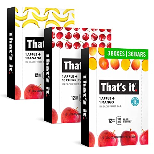 That’s it. Variety, 100% Natural Real Fruit Bar, High Fiber Vegan, Gluten Free Healthy Snack, Paleo for Children & Adults, Non GMO No Added Sugar, (Mango, Cherry, Banana) (36 Pack)