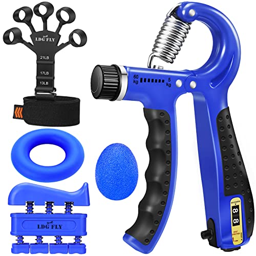 LDG FLY Hand Grip Strengthener Kit,Grip Strength Trainer, Finger Exerciser,Adjustable Resistance Hand Gripper, Finger Resistance Band, Grip Strength Ring & Stress Relief Ball for Athletes & Musicians