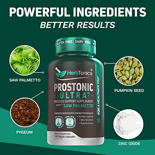 Herbtonics Prostate Support Supplement for Men's Health - Saw Palmetto & Beta Sitosterol Formula with Pumpkin Seed Oil - Promotes Prostate Health & Less Urination - DHT Blocker for Hair - 120 Capsules