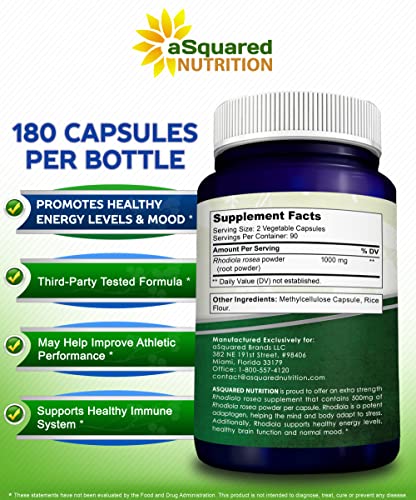 aSquared Nutrition Rhodiola Rosea Supplement 1000mg - 180 Vegan Capsules - Max Strength Rhodiola Root Extract Pills Improve Pure Energy, Brain Function & Stress Relief -Golden Root Herb Powder Tablets