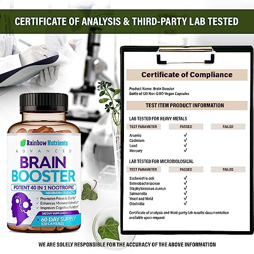 40-in-1 Brain Booster Supplements for Memory, Focus, Clarity, Energy, Performance | Natural Nootropics Brain Support Supplement with DMAE, Bacopa Monnieri & More | For Men & Women | 120 V Capsules