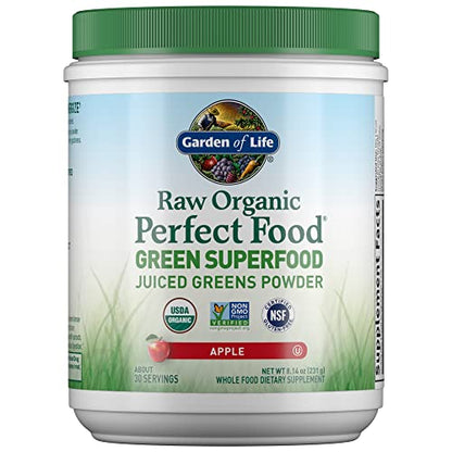 Garden of Life Raw Organic Perfect Food Green Superfood Juiced Greens Powder - Apple Flavor, 30 Servings - Vegan Gluten Free Whole Food Dietary Supplement, Greens Plus Probiotics & Enzymes