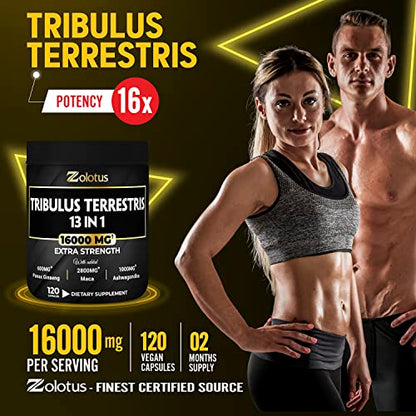 13in1 Tribulus Terrestris Capsules - 16000mg Per Serving with Maca, Horny Goat Weed, Panax Ginseng, Saw Palmetto, Tongkat Ali, Shilajit & More - Energy, Stamina Supplement for Men & Women - 120 Counts