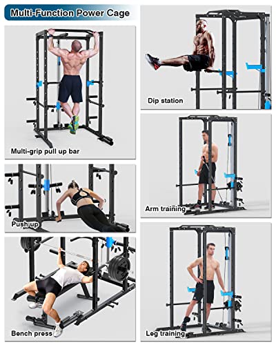 ULTRA FUEGO Power Cage, Multi-Functional Power Rack with J-Hooks, Dip Handles, Landmine Attachment and Optional Cable Pulley System for Home Gym (Power Cage with LAT Pulldown)