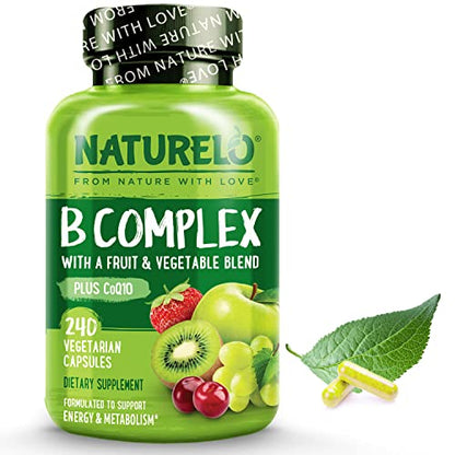 NATURELO B Complex - Whole Food Complex with Vitamin B6, Folate, B12, Biotin - Supplement for Energy and Stress - High Potency - Vegan - Vegetarian - Non GMO - Gluten Free - 240 Capsules