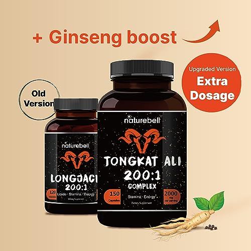 NatureBell Tongkat Ali 200:1 Extract for Men, 2000mg Per Serving, Indonesia Origin, Eurycoma Longifolia | with Panax Ginseng for Energy, Stamina, & Male Health Support (150 Count (Pack of 1))