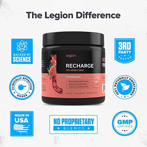 LEGION Recharge Post Workout Supplement - All Natural Muscle Builder & Recovery Drink with Micronized Creatine Monohydrate. Naturally Sweetened & Flavored, Safe & Healthy (Watermelon, 30 Serve)