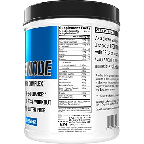 Evlution Nutrition Recover Mode- Complete Post Workout with BCAAs, Immunity Support, Vitamin C, D & E, Electrolytes, Hydration, Creatine, Glutamine, Beta-Alanine, L-Carnitine, 30 Serve, Blue Raz