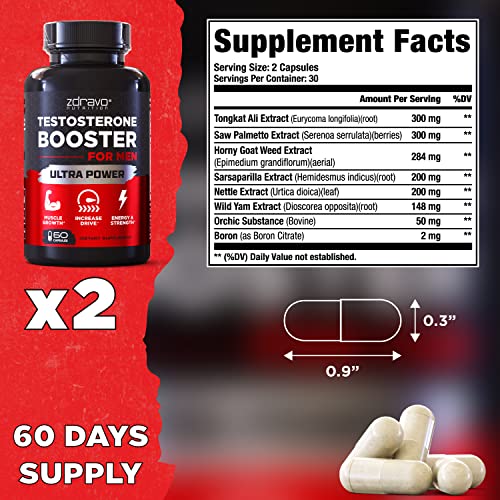 Testosterone Booster for Men - Tongkat Ali - Testosterone Supplement for Libido, Stamina, Strength, Endurance, Muscle Growth - Male Enhancing Supplement Pills - Men's Test Booster - Workout Supplement