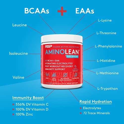 RSP AminoLean Recovery - Post Workout BCAAs Amino Acids Supplement + Electrolytes, BCAAs and EAAs for Hydration Boost, Immunity Support - Muscle Recovery Drink, Vegan Aminos, Tropical Punch