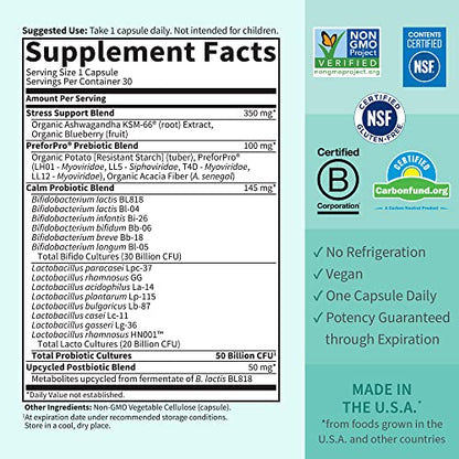 Garden of Life Dr Formulated Calm Daily 3-in-1 Complete Probiotics, Prebiotics & Postbiotics with Ashwagandha - PRE + PRO + POSTBIOTIC Supplement for Immune, Digestive & Mood Support - 30 Day Supply